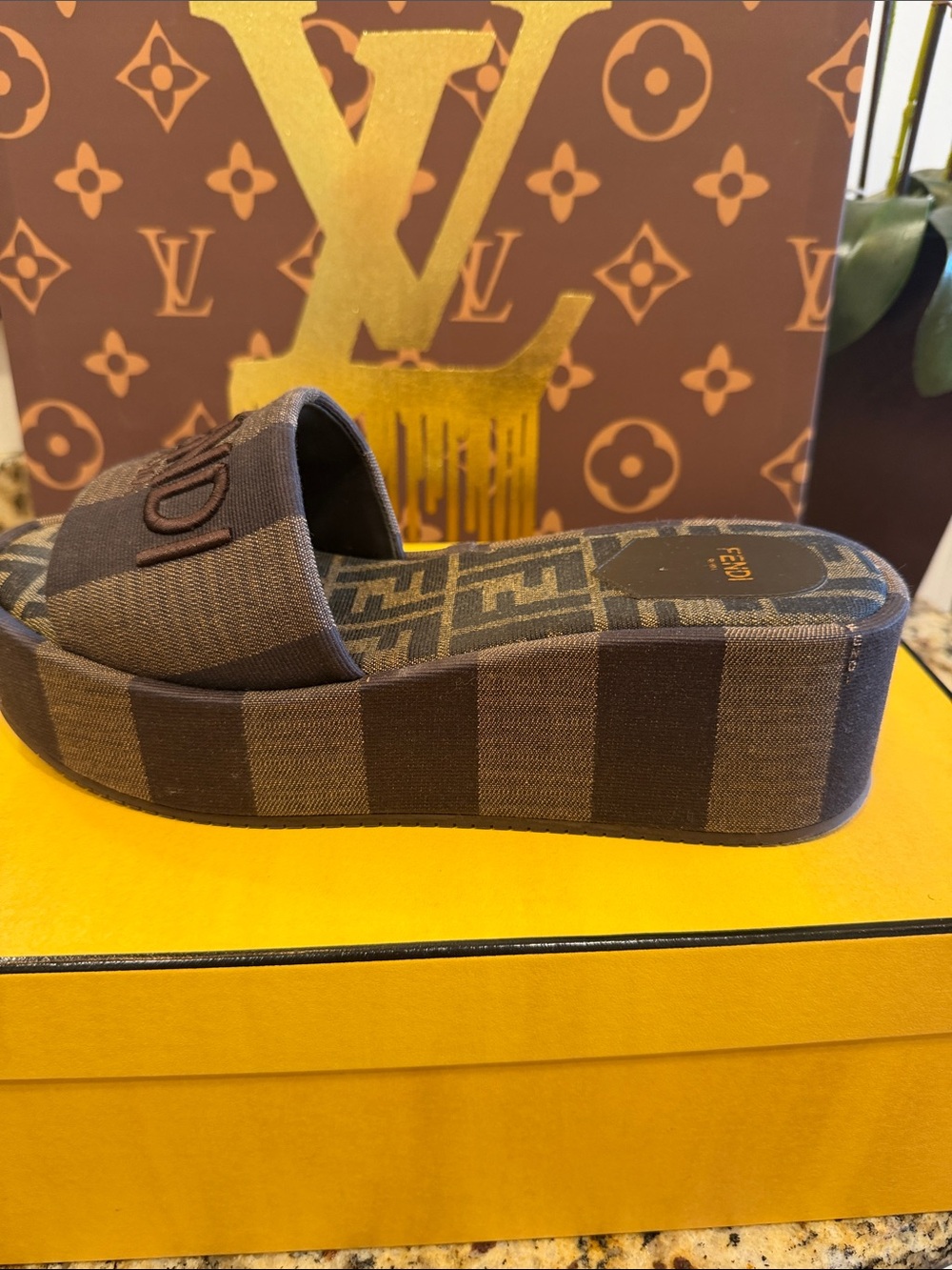 Fendi Brown Striped Platform Slide with Logo Strap